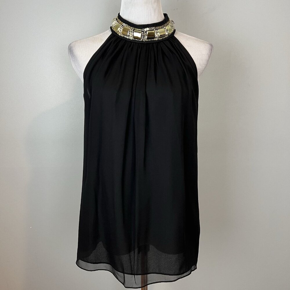 Milly New York Black Chiffon Blouse Size 8 Jeweled High Neckline Sleeveless Silk